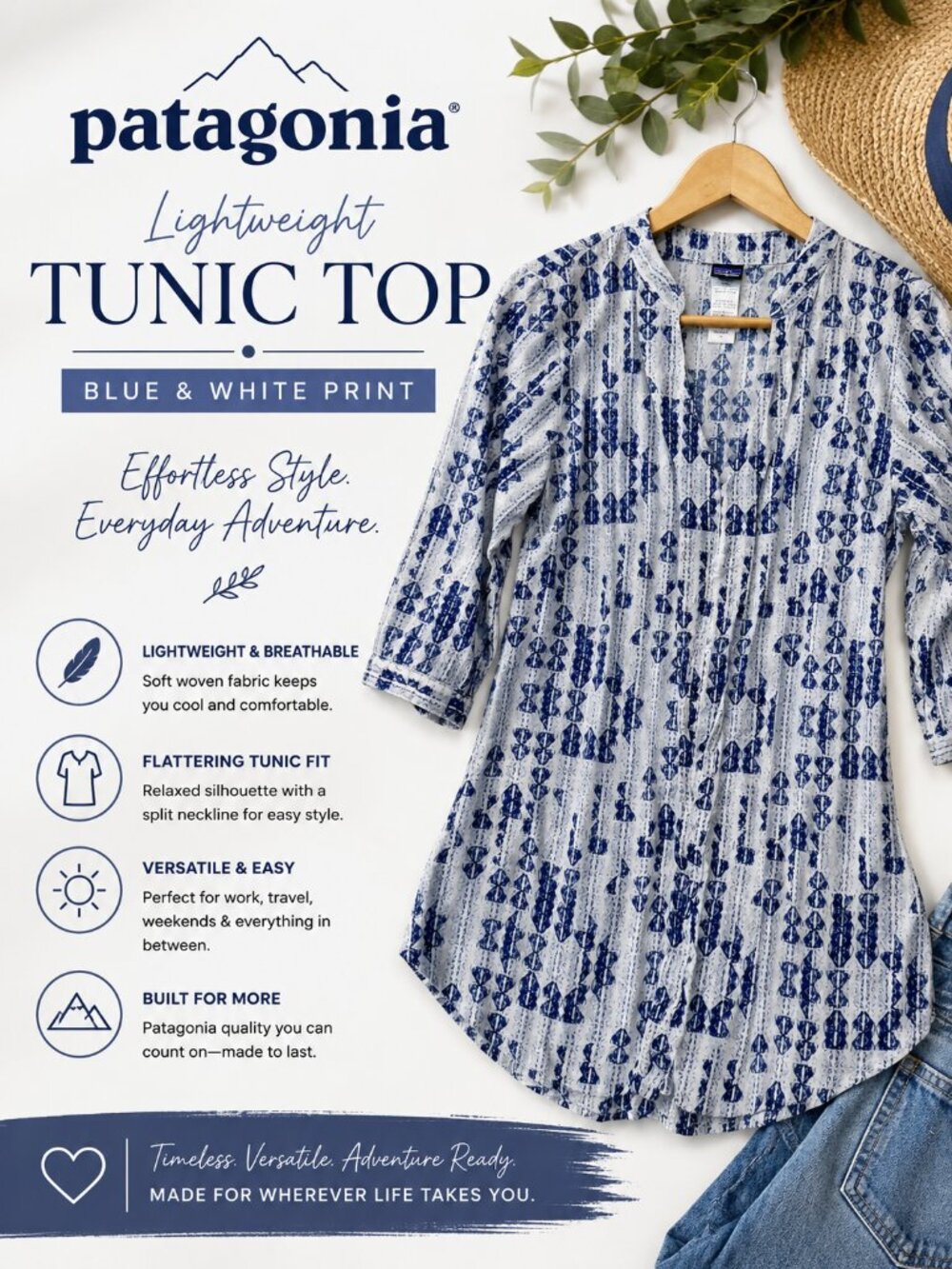 Patagonia Women's Blue White Printed Lightweight Tunic Top 3/4 Sleeve Size 4 -XS